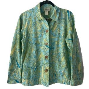 COLDWATER CREEK Turquoise Green Floral Blazer Embroidery Button Up Size Medium